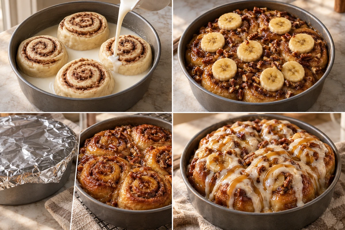 Four chronological preparation stages for Bananas Foster Cinnamon Rolls