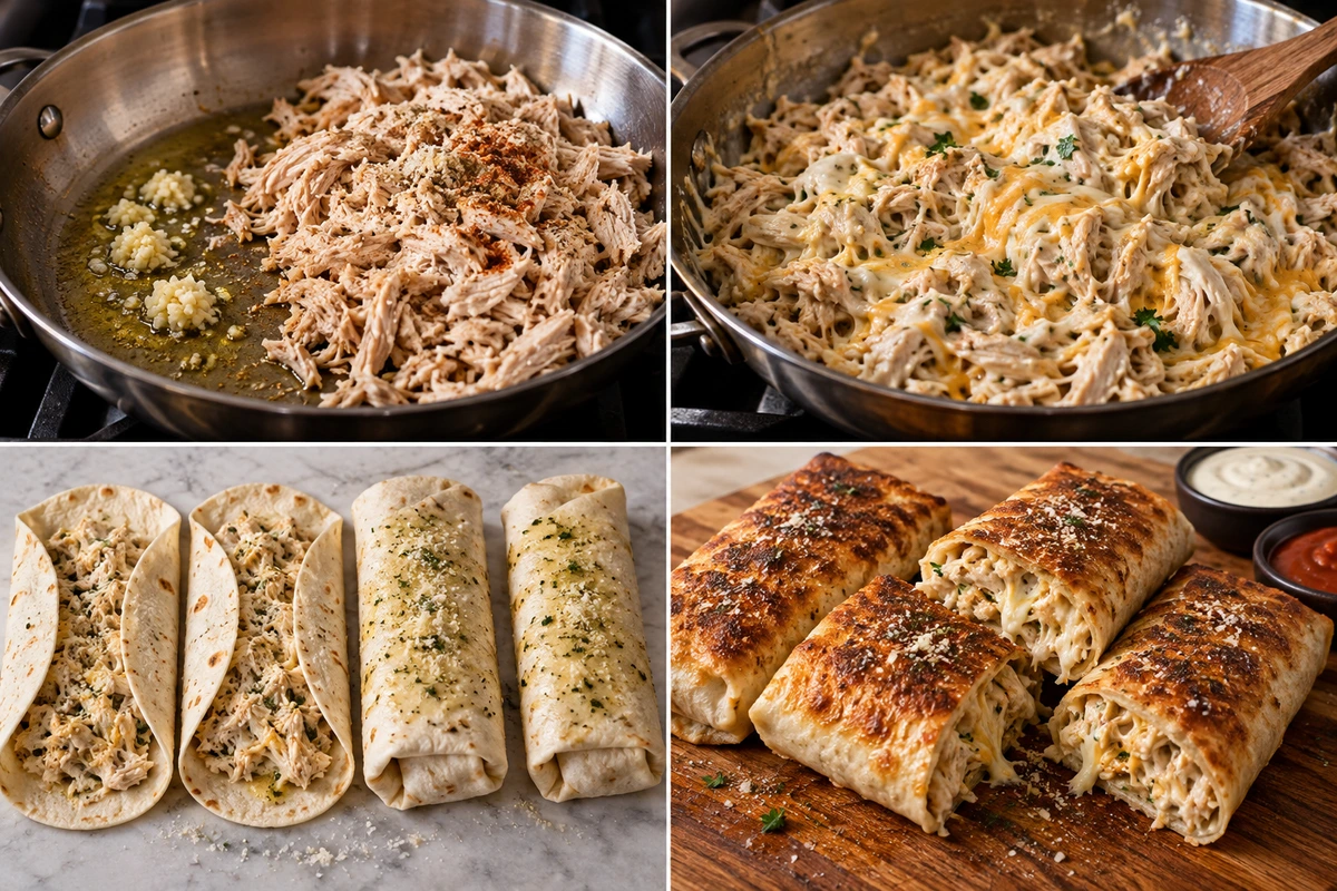 Four chronological preparation stages for Cheesy Garlic Chicken Wraps