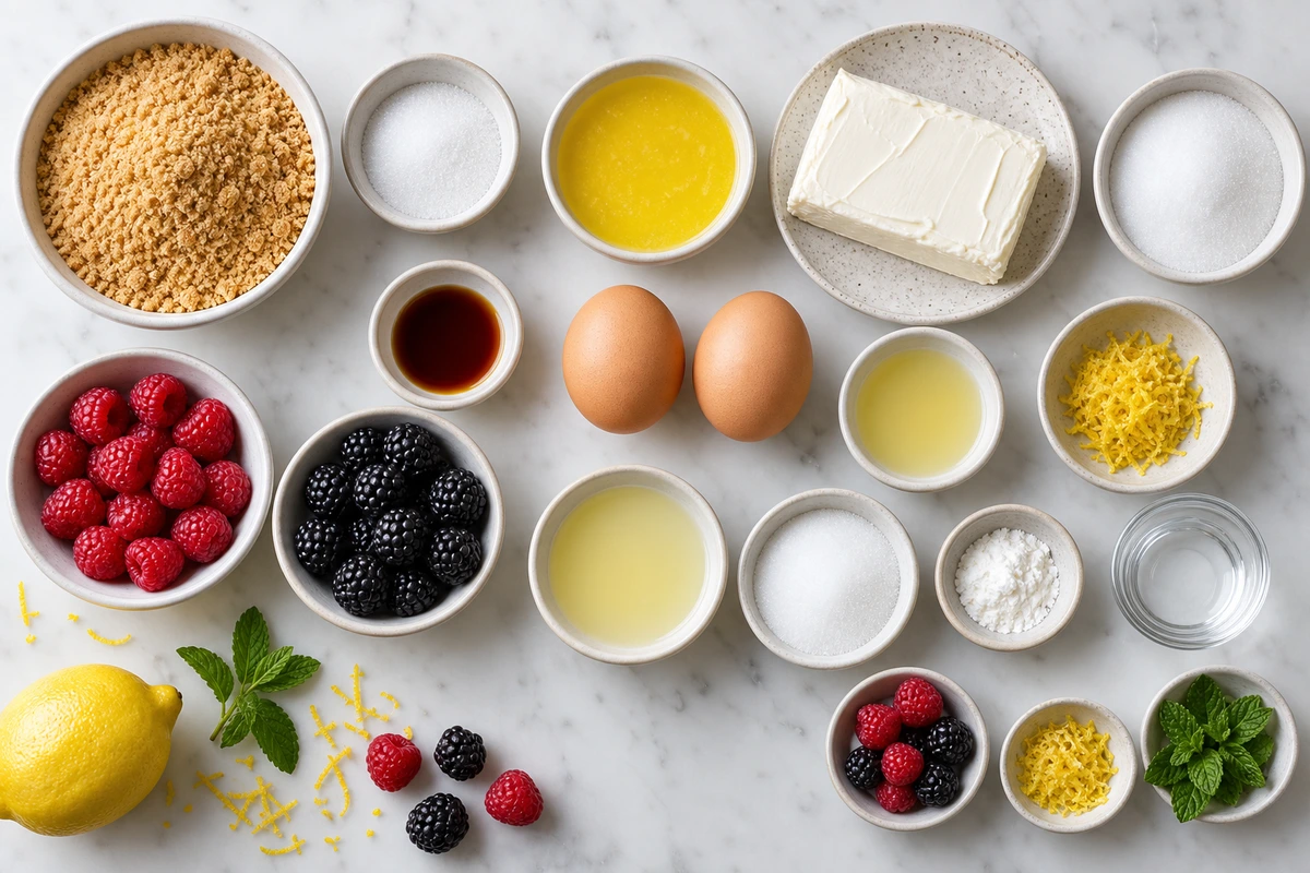 Exact measured ingredients for Lemon Raspberry Blackberry Mini Cheesecakes
