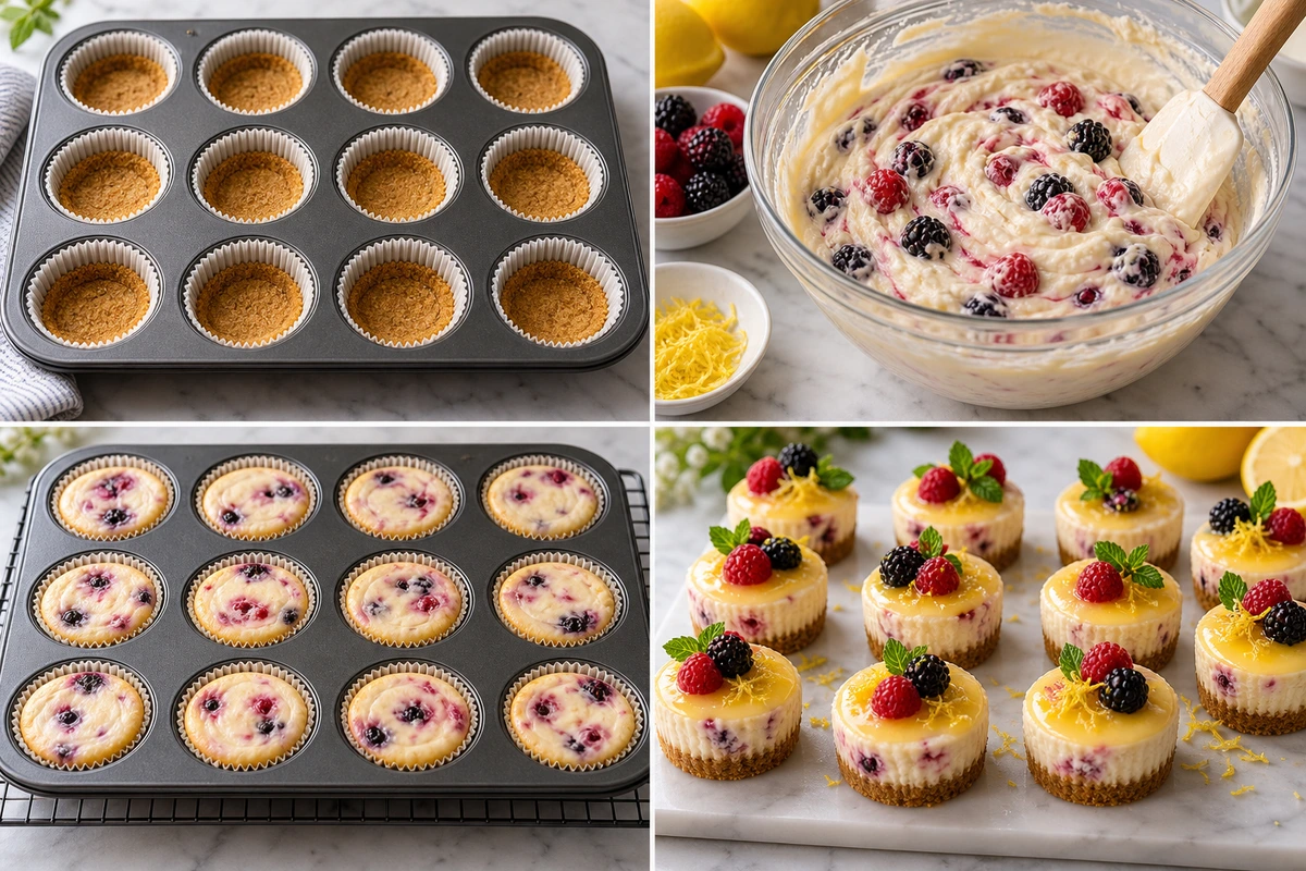Four chronological preparation stages for Lemon Raspberry Blackberry Mini Cheesecakes