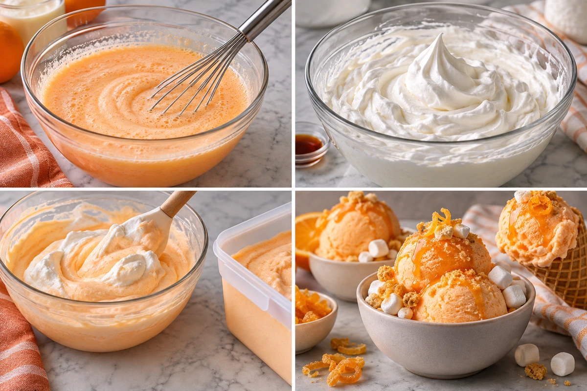 Four chronological preparation stages for Orange Crush Sherbet