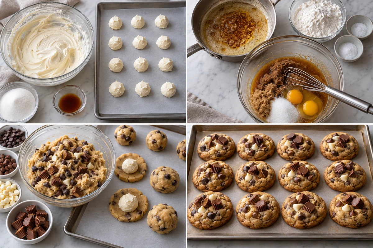 Four chronological preparation stages for Reese's Cheesecake Cookies