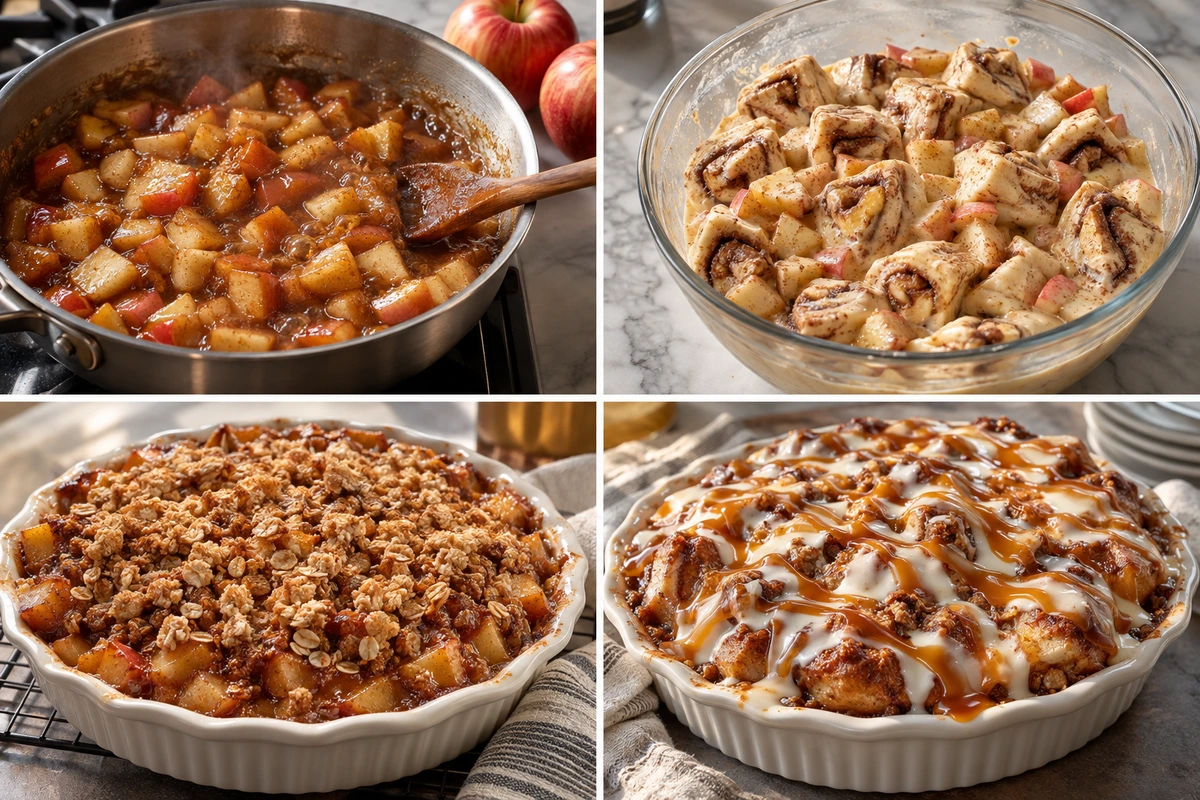 Four chronological preparation stages for Apple Crisp Cinnamon Roll Casserole