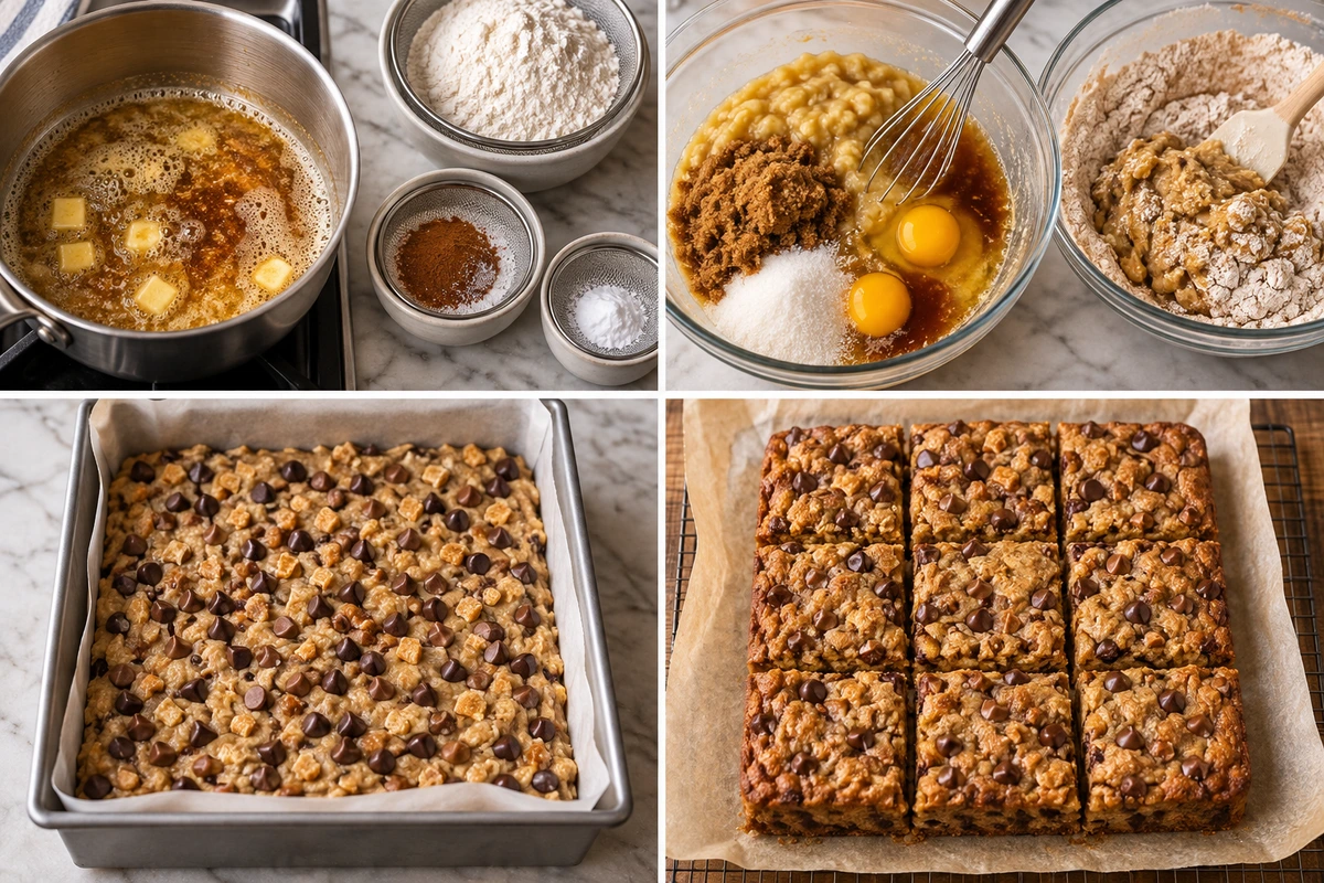 Four chronological preparation stages for Banana Chocolate Chip Cookie Bars