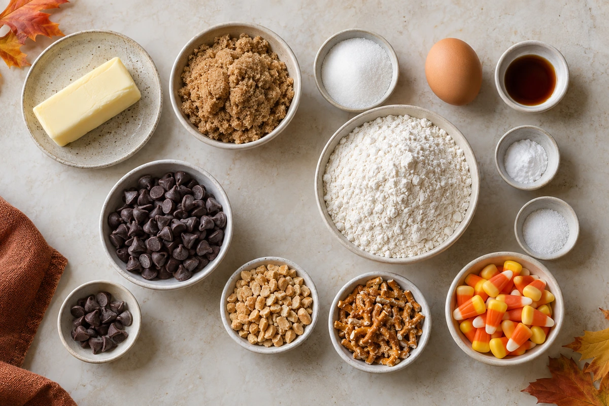 Exact measured ingredients for Candy Corn Trail Mix Cookies