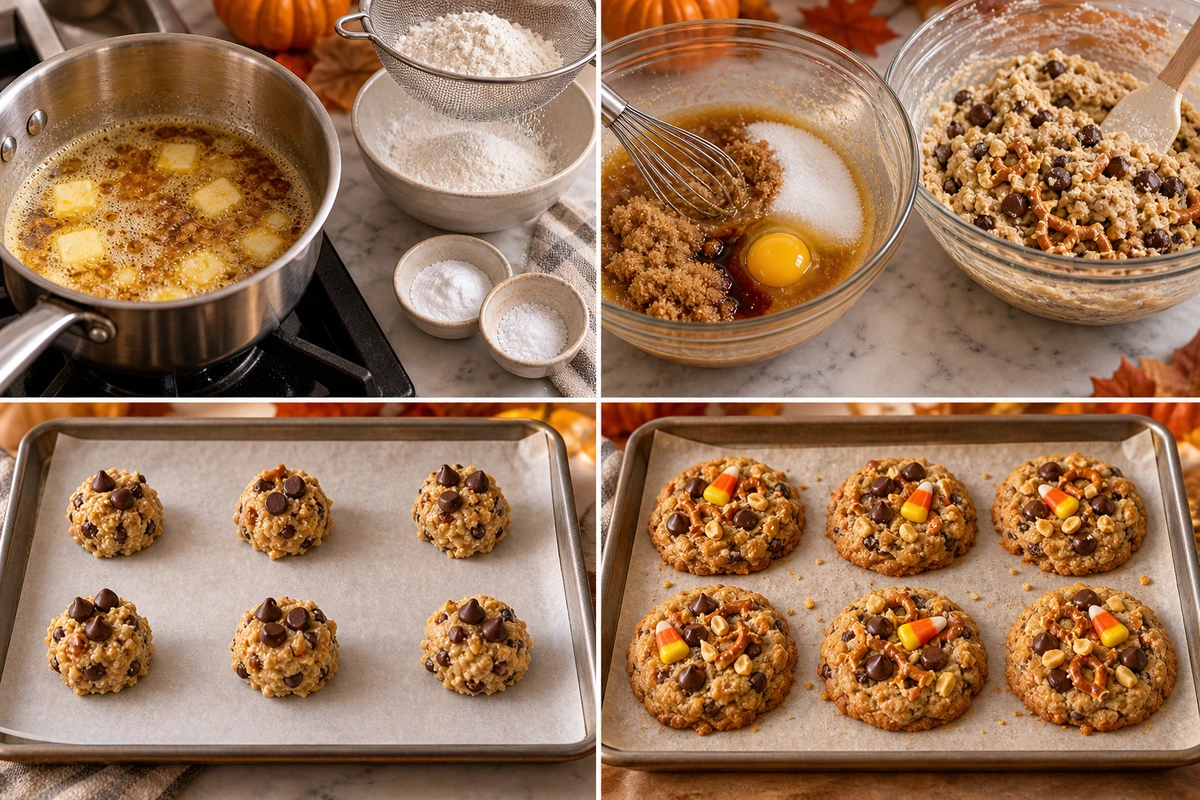 Four chronological preparation stages for Candy Corn Trail Mix Cookies