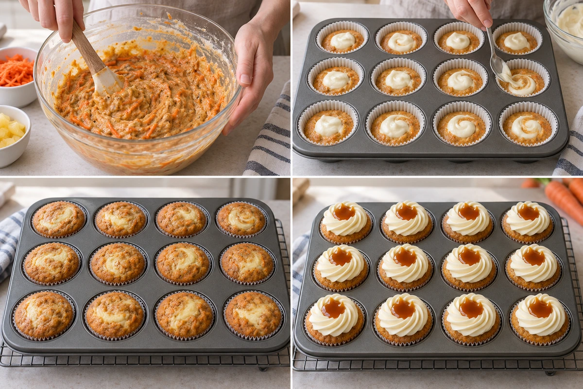 Four chronological preparation stages for Carrot Cheesecake Cupcakes
