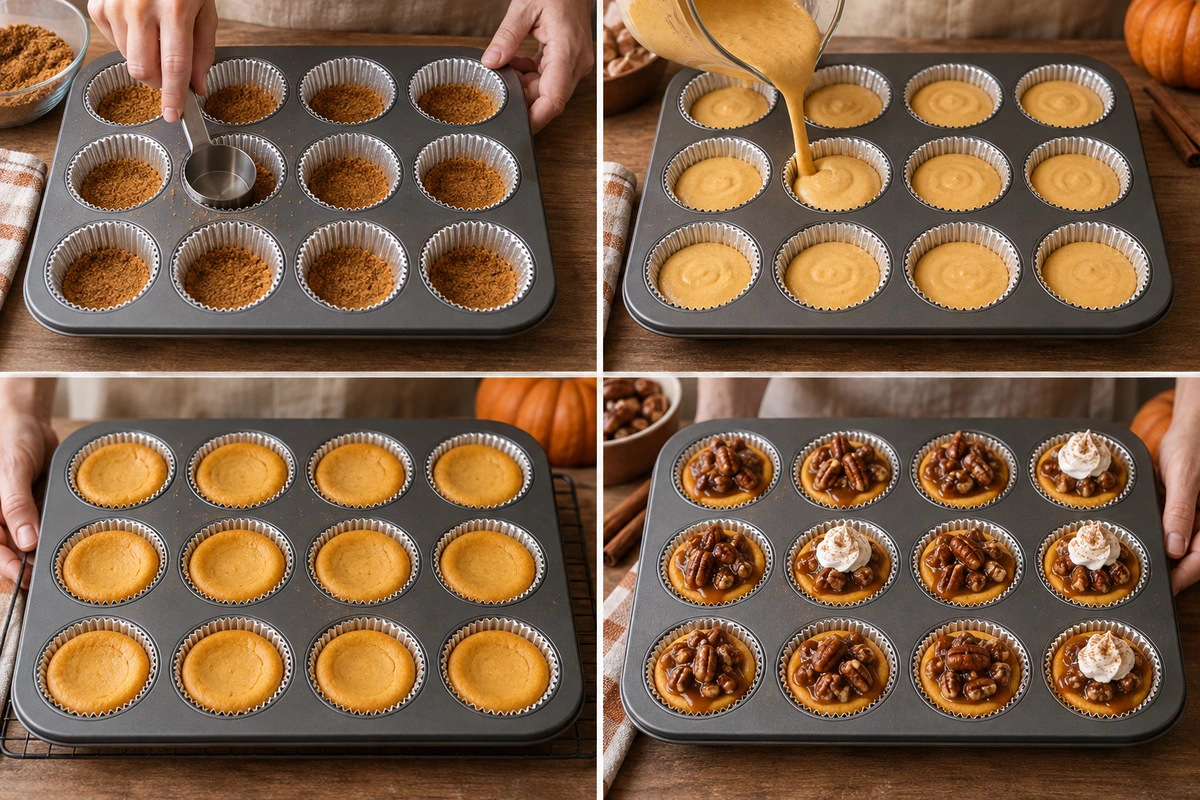 Four chronological preparation stages for Pumpkin Pecan Mini Cheesecakes