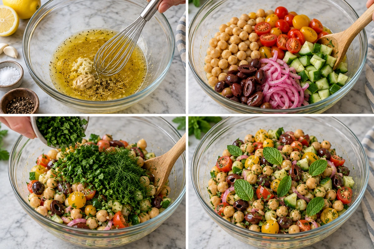 Four chronological preparation stages for Chickpea Salad