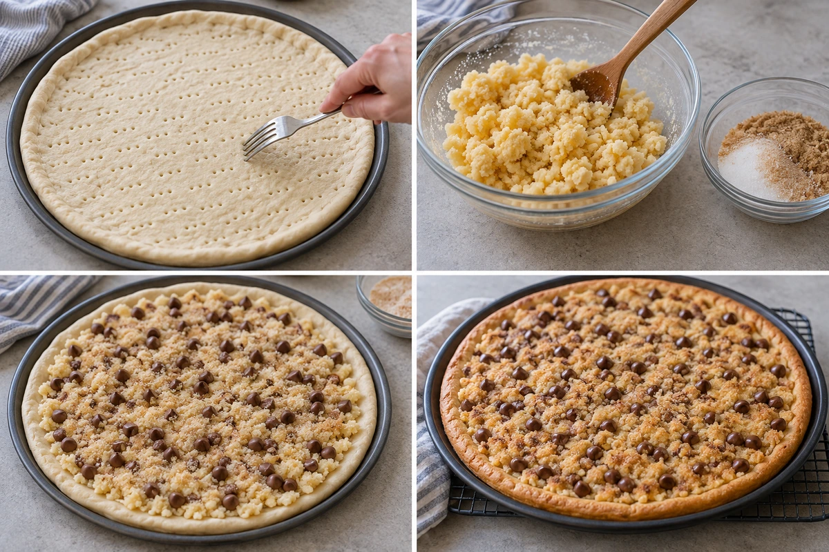 Four chronological preparation stages for Chocolate Chip Dessert Pizza