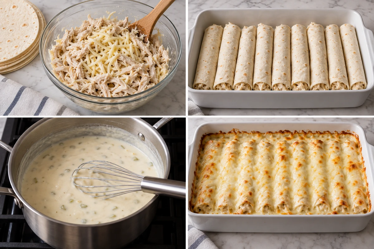 Four chronological preparation stages for Easy White Chicken Enchiladas