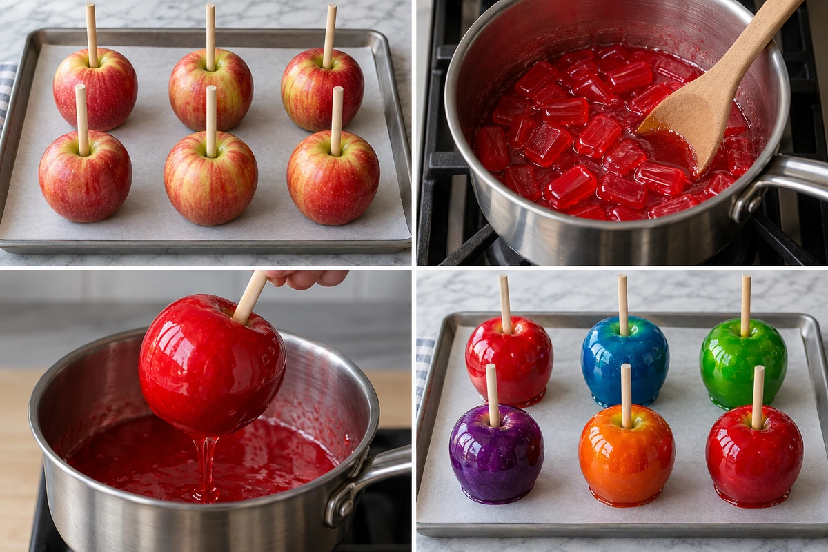 Four chronological preparation stages for Jolly Rancher Candy Apples