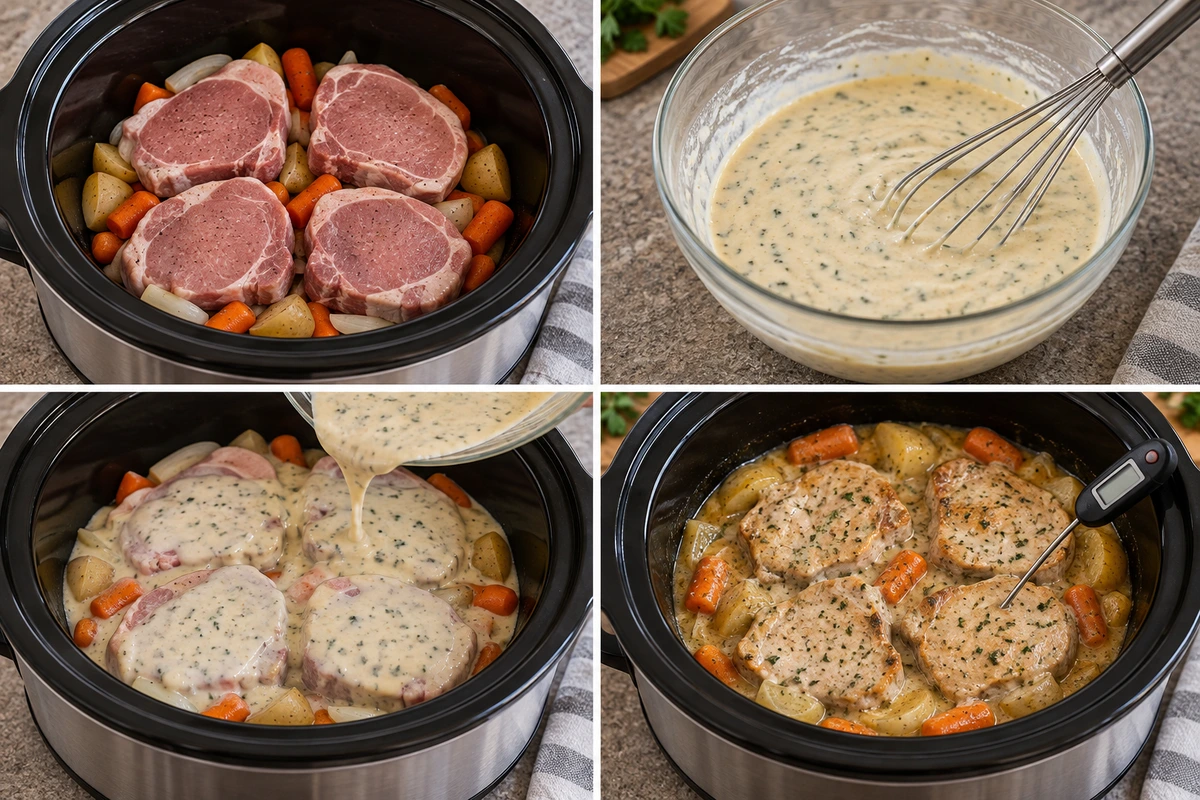 Four chronological preparation stages for Slow Cooker Ranch Pork Chops