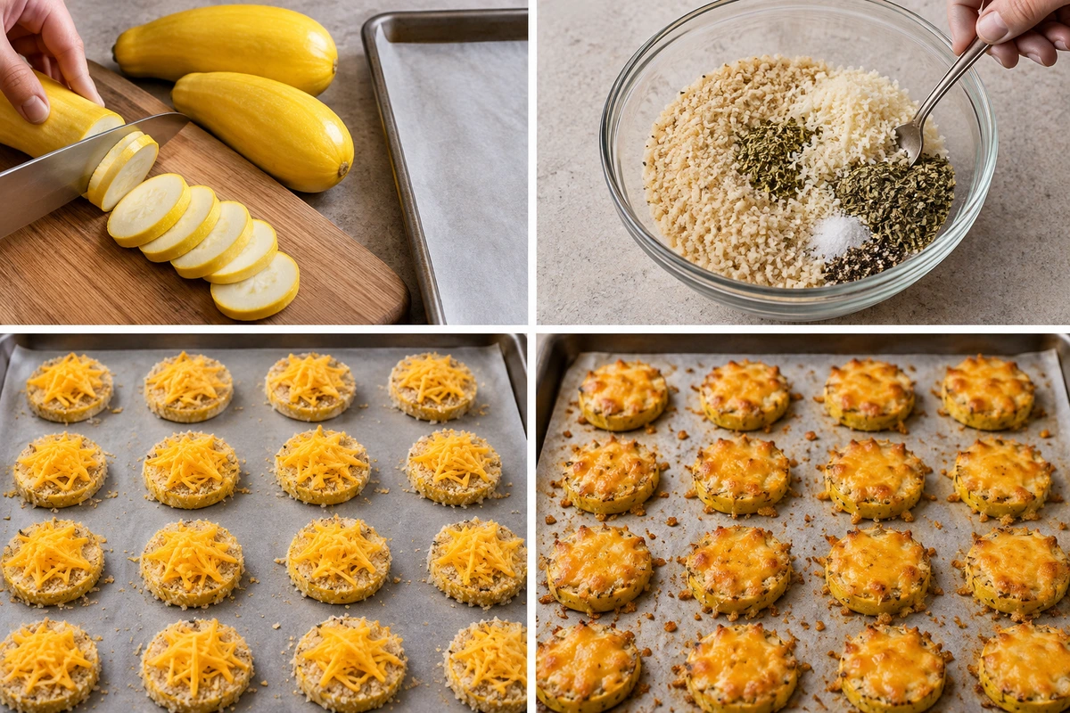 Four chronological preparation stages for Cheesy Baked Squash Rounds
