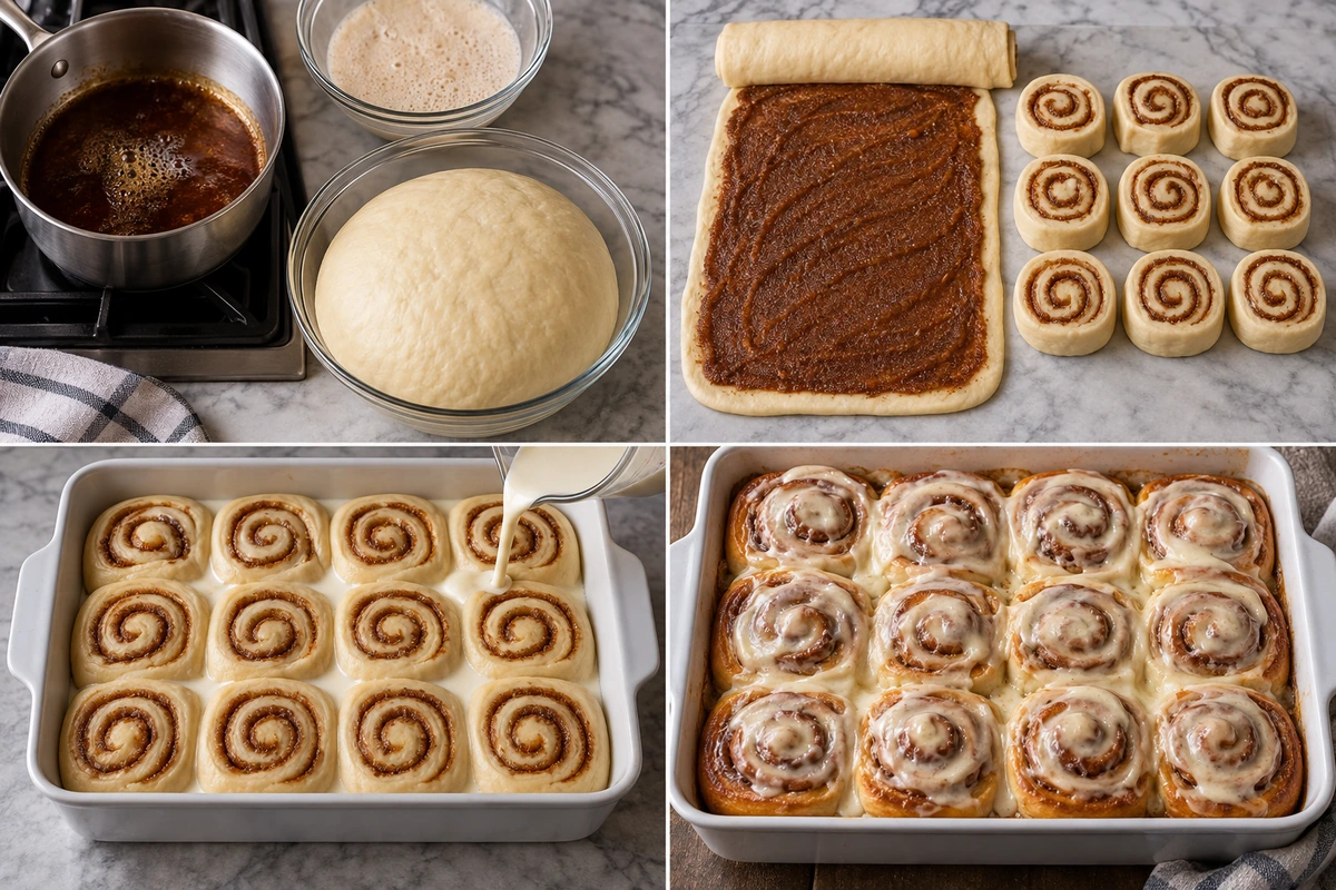 Four chronological preparation stages for Easy Apple Cinnamon Rolls