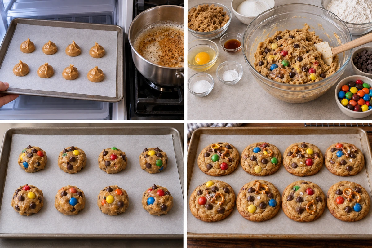 Four chronological preparation stages for Peanut Butter M&M Cookies
