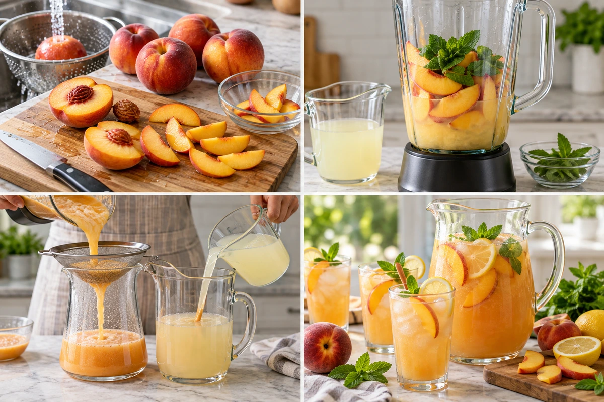 Four chronological preparation stages for Refreshing Peach Lemonade