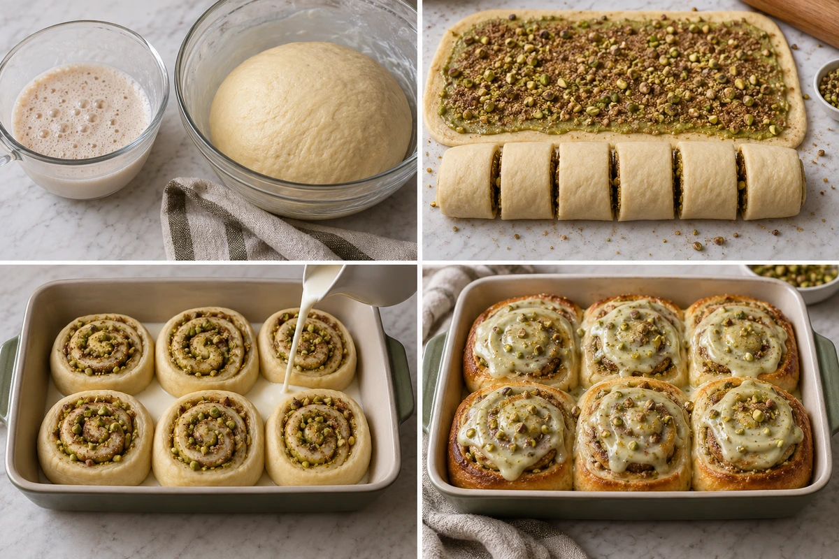 Four chronological preparation stages for Small Batch Pistachio Cream Cinnamon Rolls