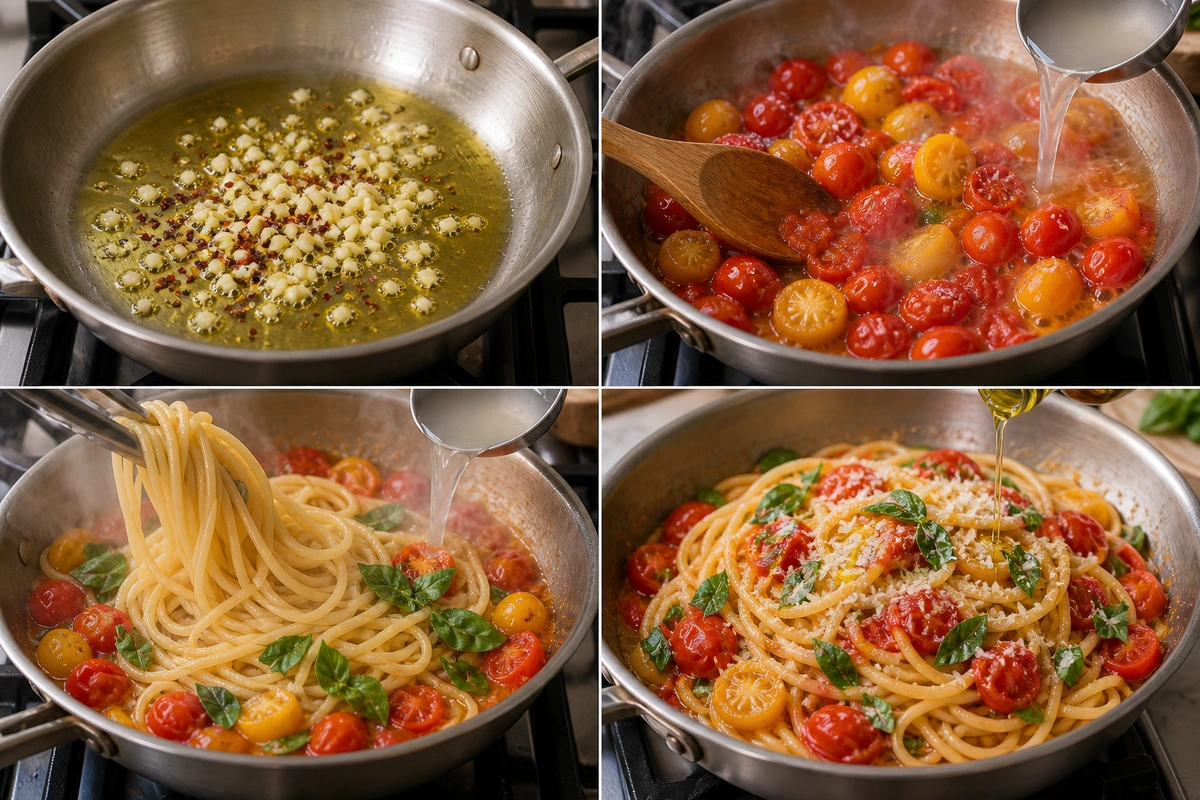 Four chronological preparation stages for Cherry Tomato Pasta