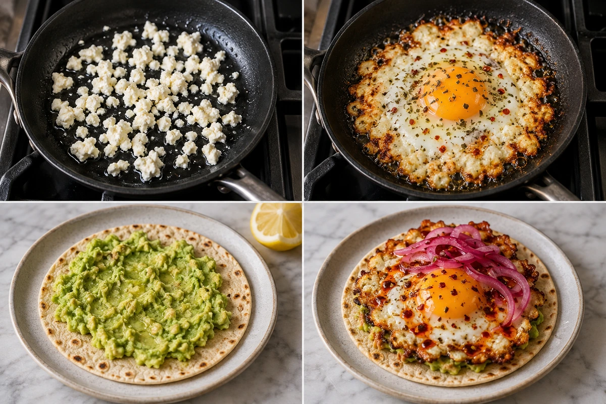 Four chronological preparation stages for Crispy Feta Fried Eggs
