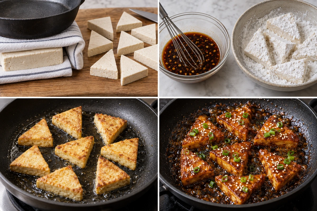Four chronological preparation stages for Crispy Sticky Tofu