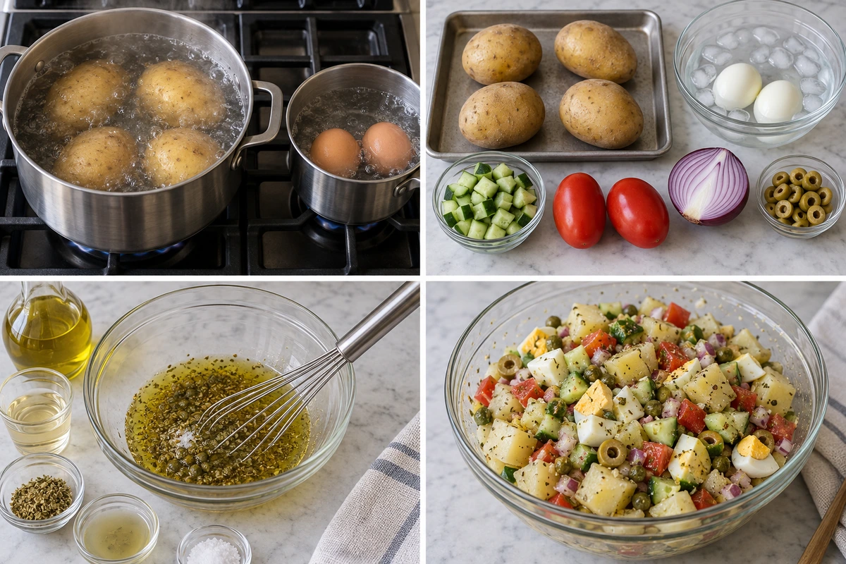 Four chronological preparation stages for Italian Potato Salad