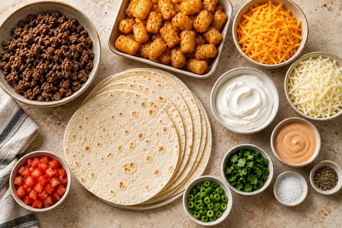 Exact measured ingredients for Cheesy Potato Burritos