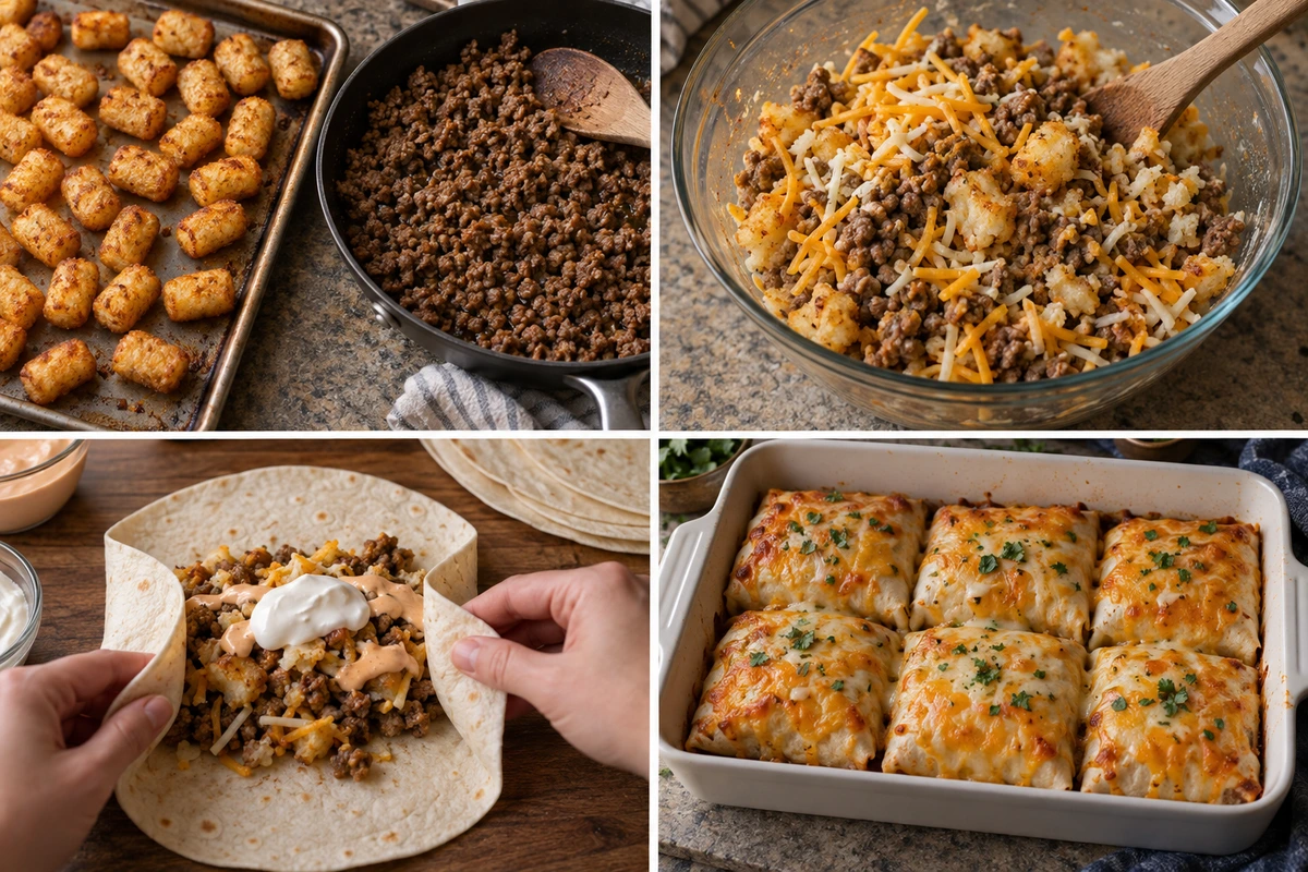 Four chronological preparation stages for Cheesy Potato Burritos