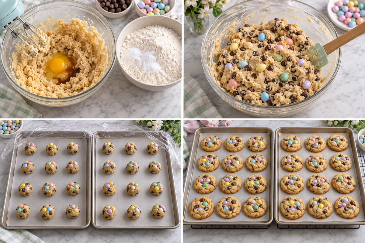 Four chronological preparation stages for Easter Chocolate Chip Cookies