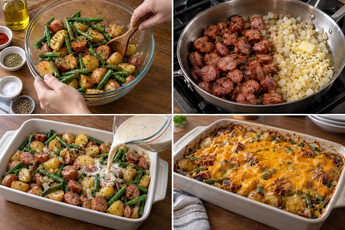 Four chronological preparation stages for Sausage Green Bean Potato Casserole