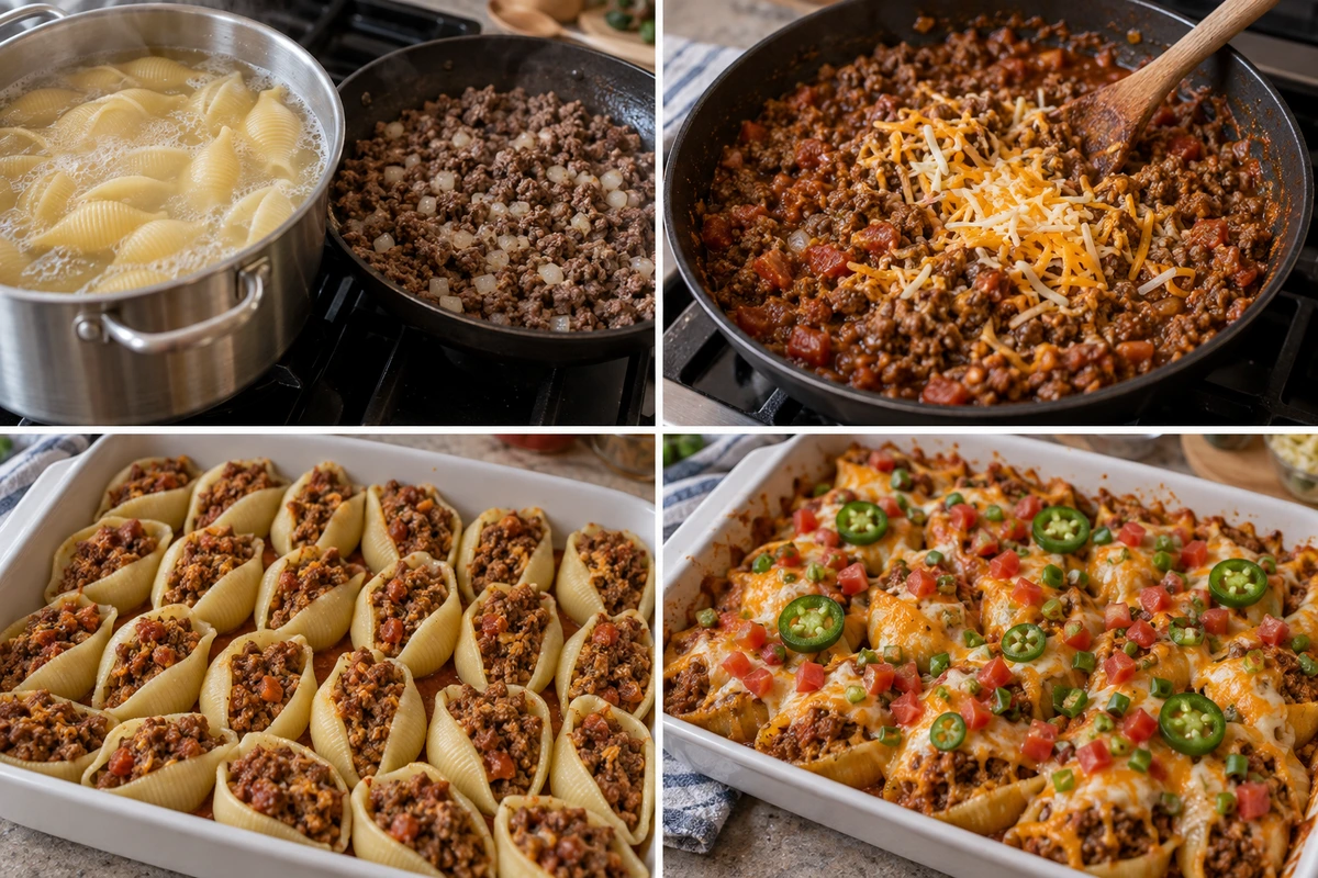 Four chronological preparation stages for Taco Stuffed Shells
