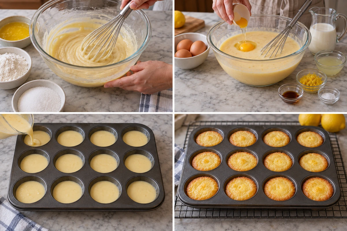 Four chronological preparation stages for Baby Lemon Impossible Pies