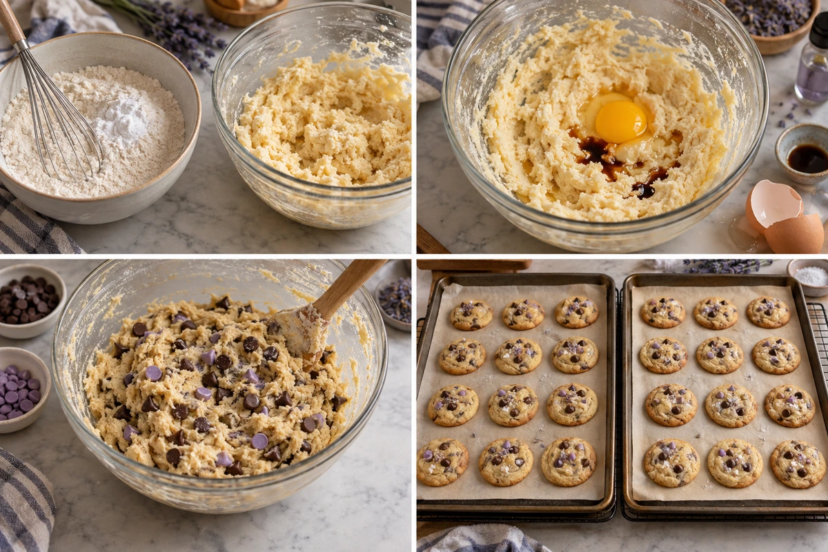Four chronological preparation stages for Lavender Chocolate Chip Cookies