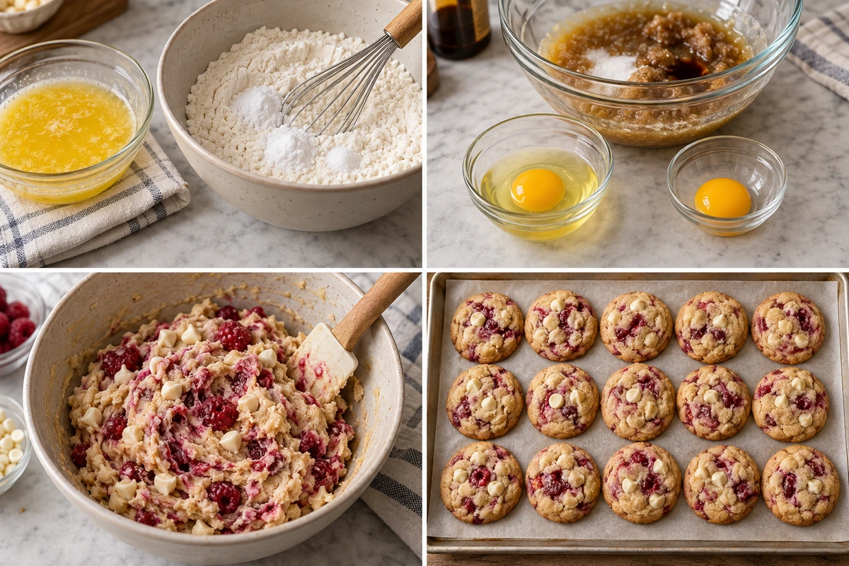 Four chronological preparation stages for Raspberry White Chocolate Cookies Recipe