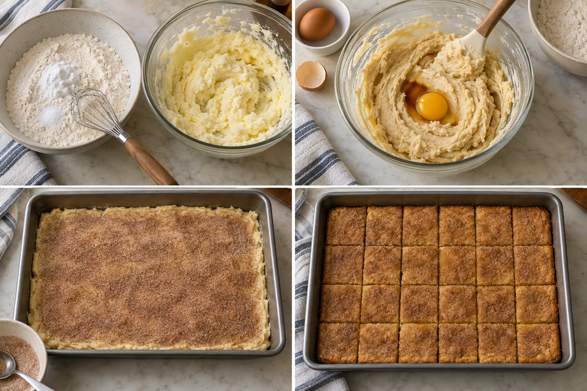 Four chronological preparation stages for Snickerdoodle Cookie Bars
