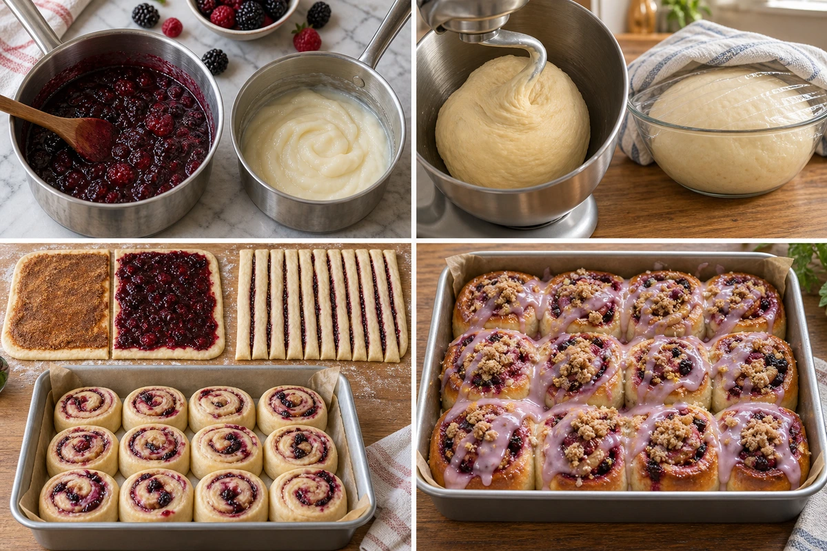 Four chronological preparation stages for Soft & Gooey Blackberry Raspberry Sweet Rolls