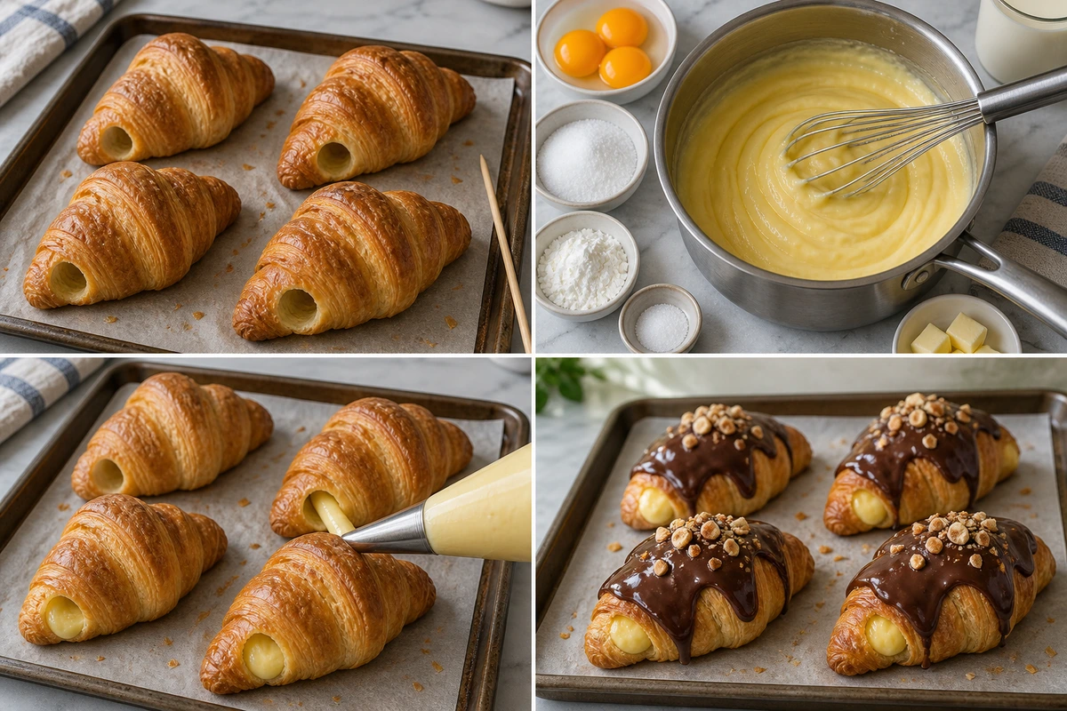 Four chronological preparation stages for Boston Cream Pie Croissants