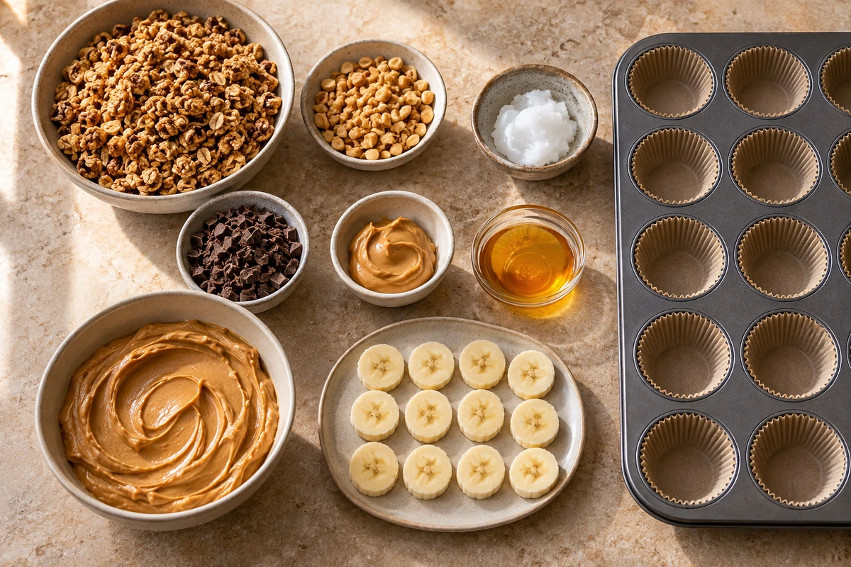 Exact measured ingredients for Chocolate Granola Cups with Peanut Butter Filling