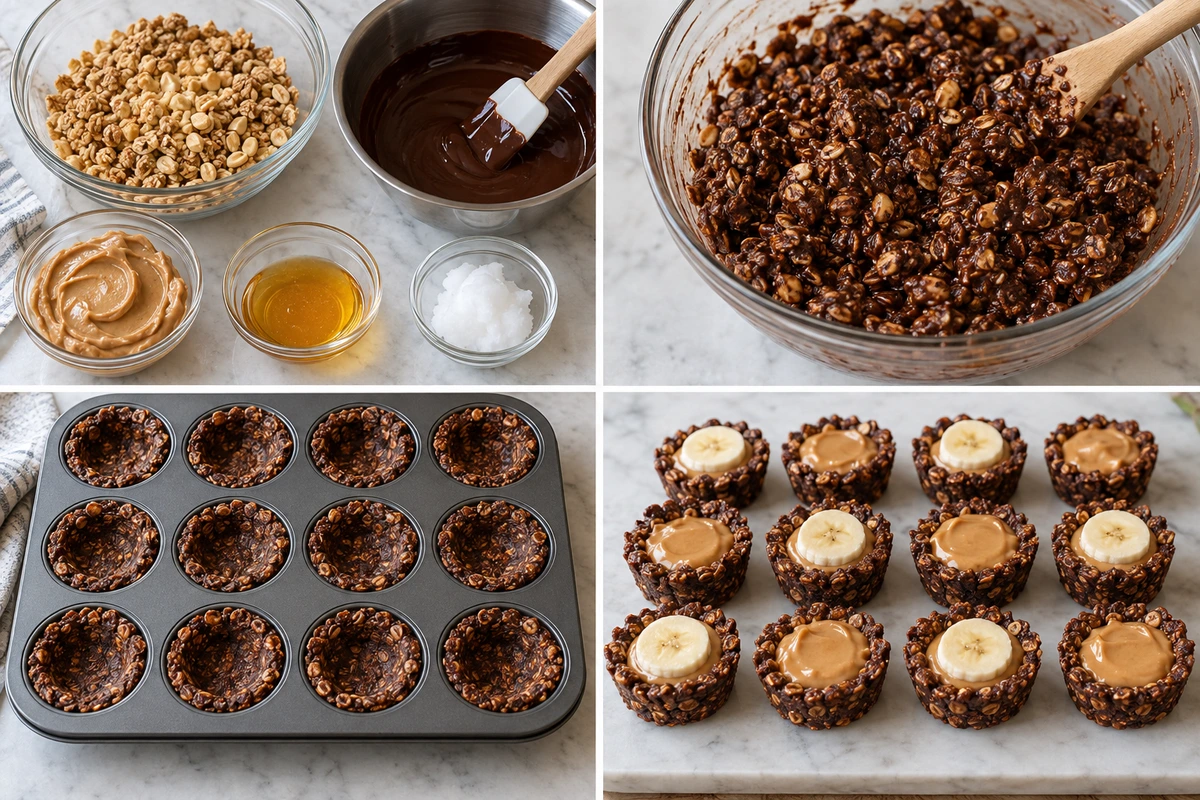 Four chronological preparation stages for Chocolate Granola Cups with Peanut Butter Filling