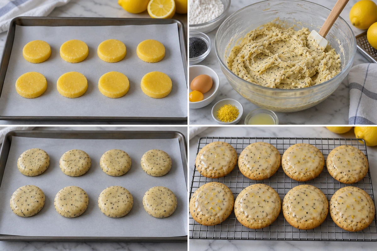 Four chronological preparation stages for Crumbl Lemon Poppy Seed Cookies
