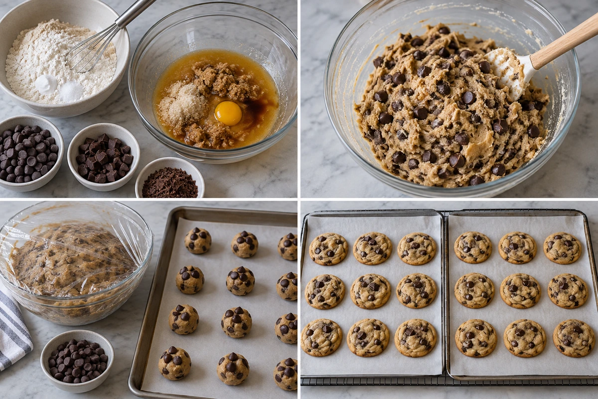 Four chronological preparation stages for New York Times Chocolate Chip Cookies