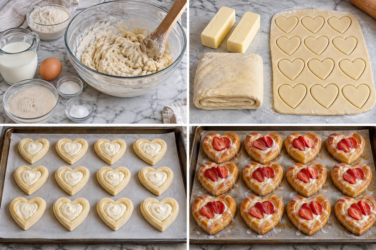 Four chronological preparation stages for Strawberry Cream Danish