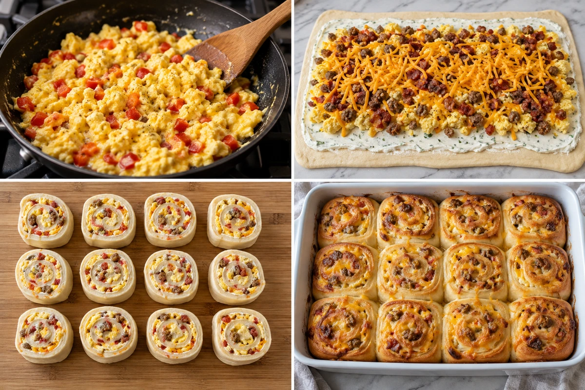 Four chronological preparation stages for Breakfast Rolls