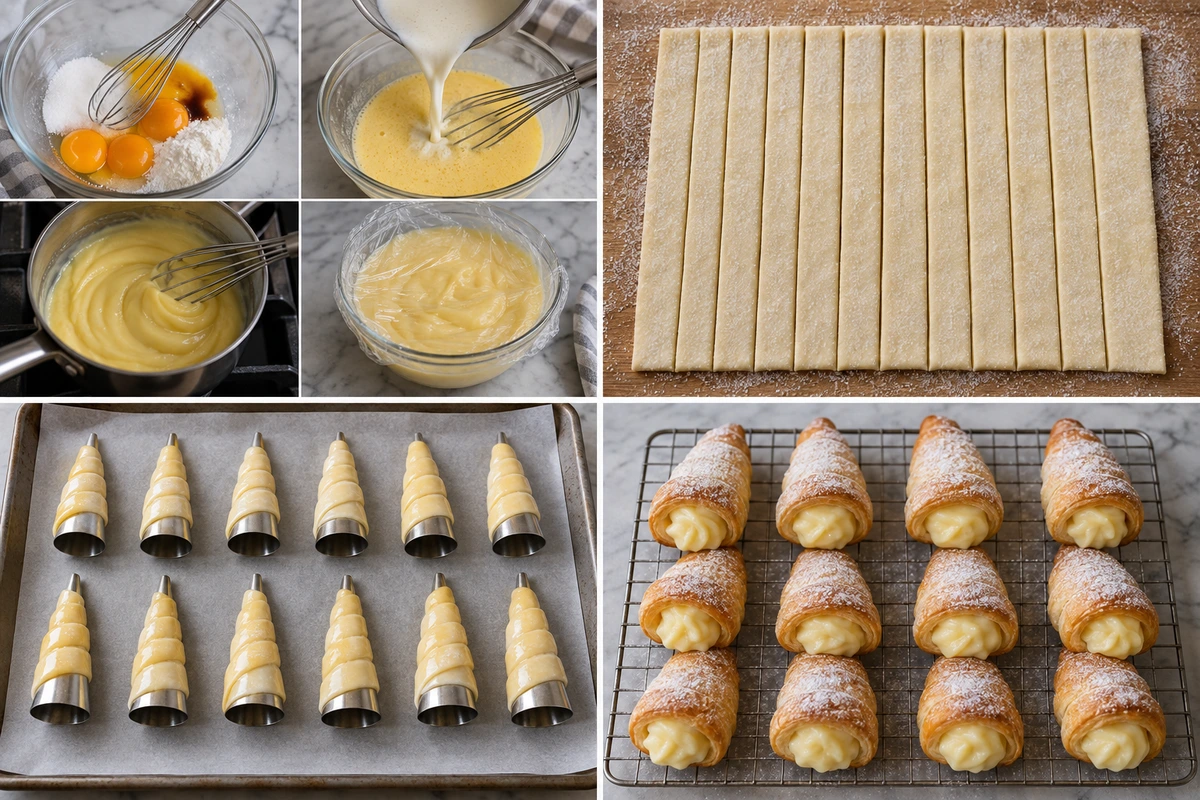 Four chronological preparation stages for Easy Italian Cream Stuffed Cannoncini
