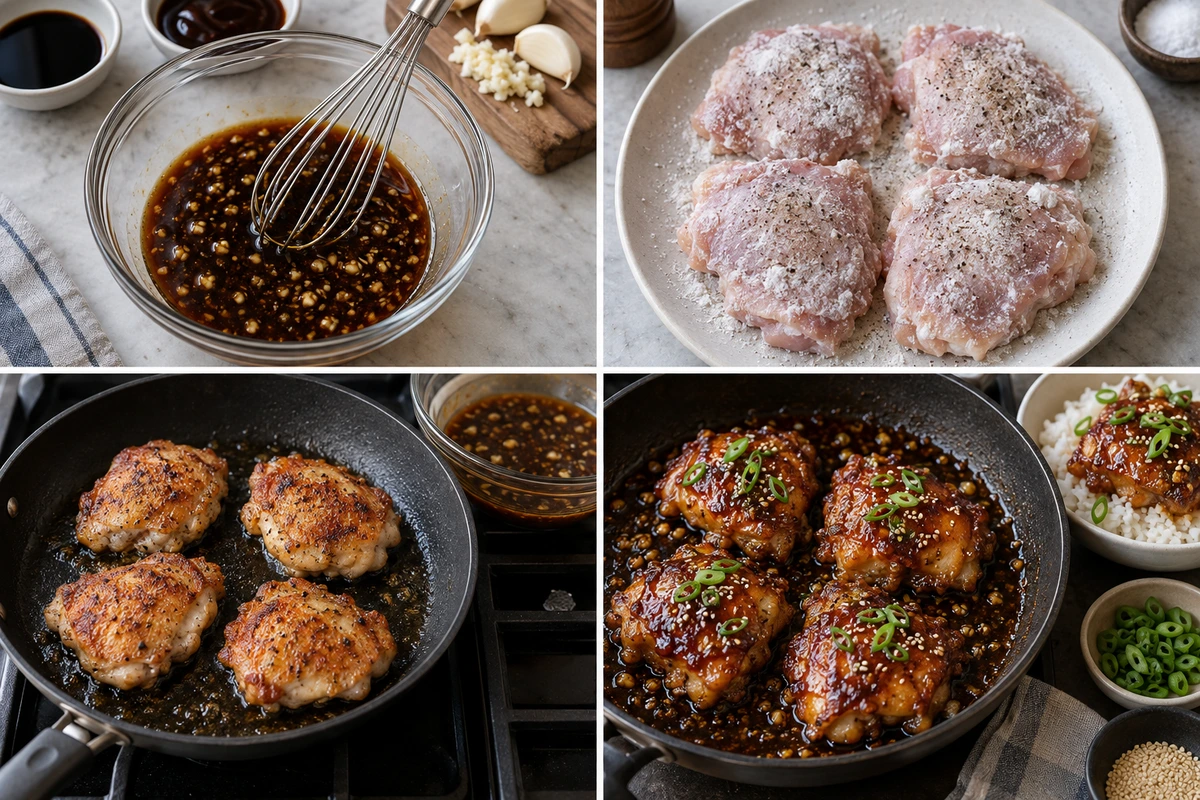 Four chronological preparation stages for Easy Soy Garlic Chicken Thighs