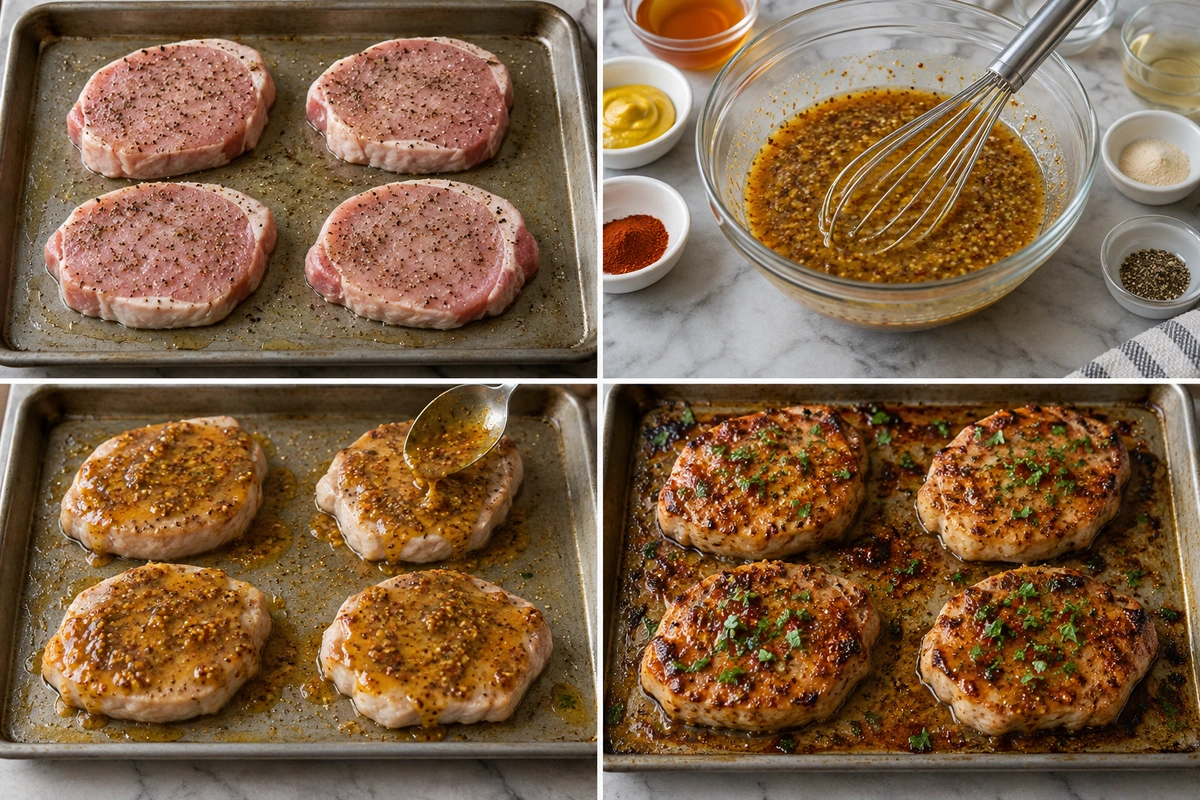 Four chronological preparation stages for Honey Mustard Pork Chops In Oven