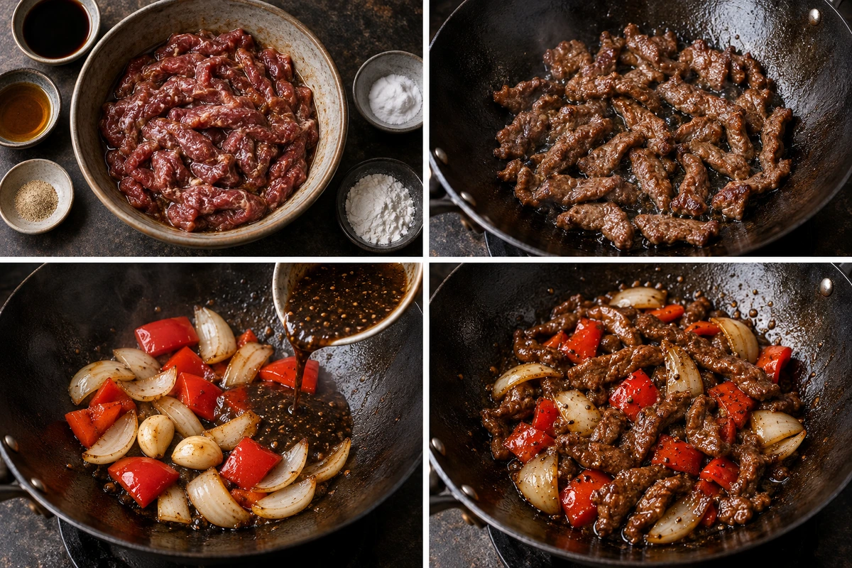 Four chronological preparation stages for Black Pepper Beef