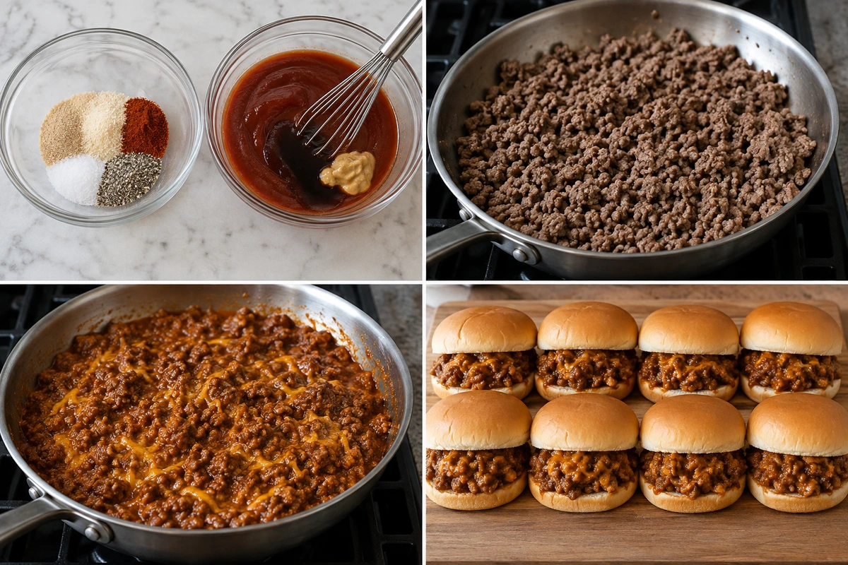 Four chronological preparation stages for Easy Homemade Sloppy Joe Sandwiches