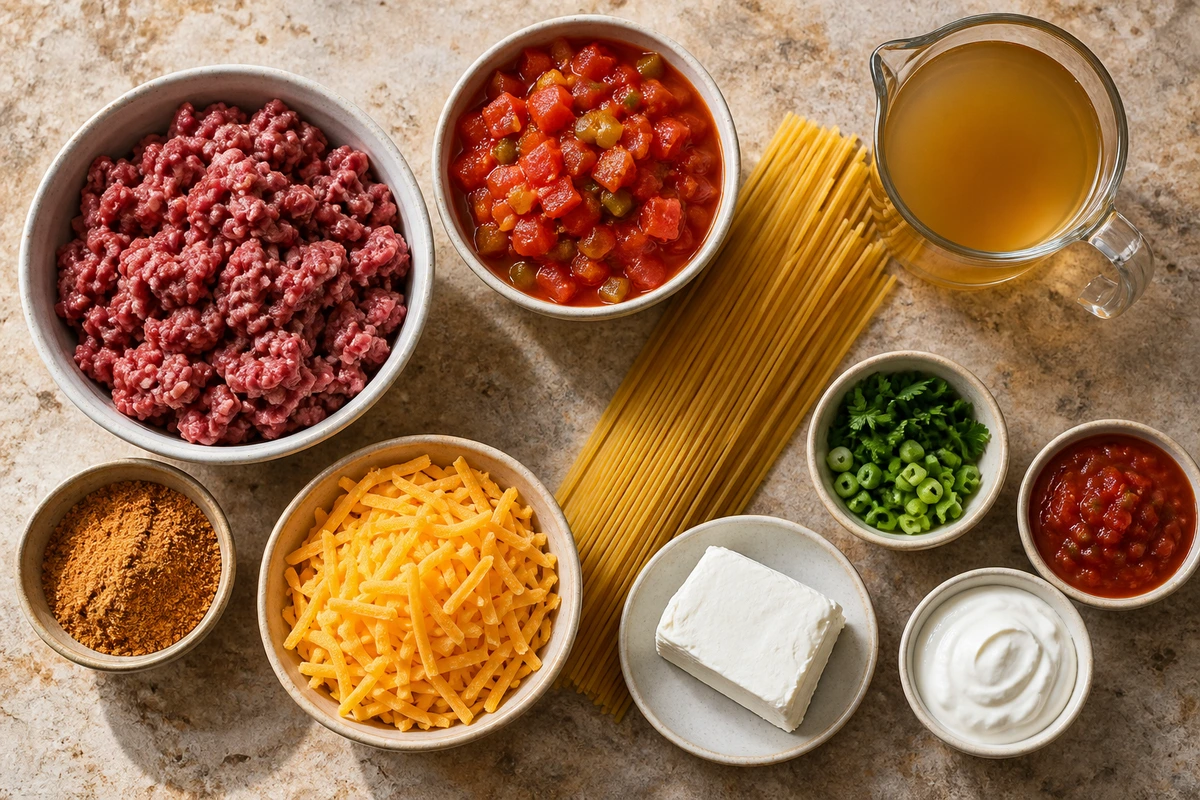 Exact measured ingredients for Easy One Pot Taco Spaghetti
