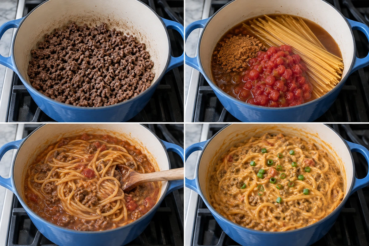 Four chronological preparation stages for Easy One Pot Taco Spaghetti